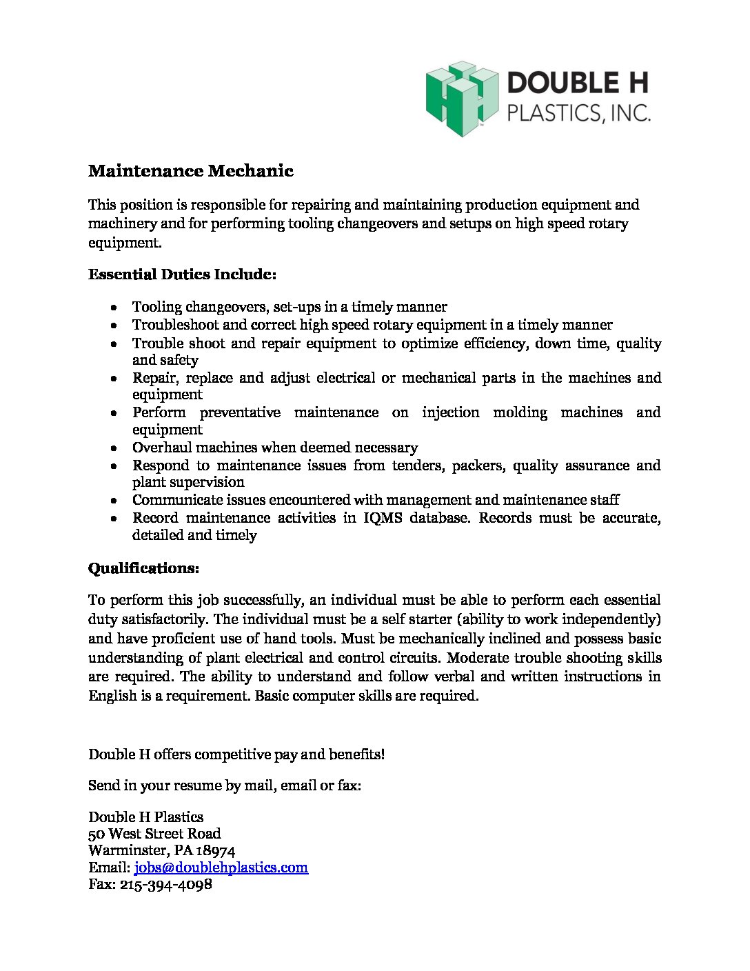 Maintenance Mechanic - Website 2.5.19 - Double H Plastics