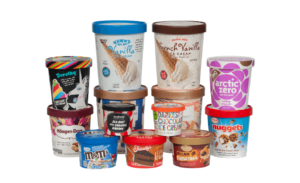 A display of Double H Plastics' round cup packaging solutions in a variety of sizes, including pints, quarts, 6-ounce, 3.6-ounce, and 14ounce cups. The assortment features multiple lid types such as paper lids, composite lids, tamper-evident lids, and spoon lids. Some cups showcase skirt printing and embossing, highlighting the company's advanced forming and decoration capabilities.